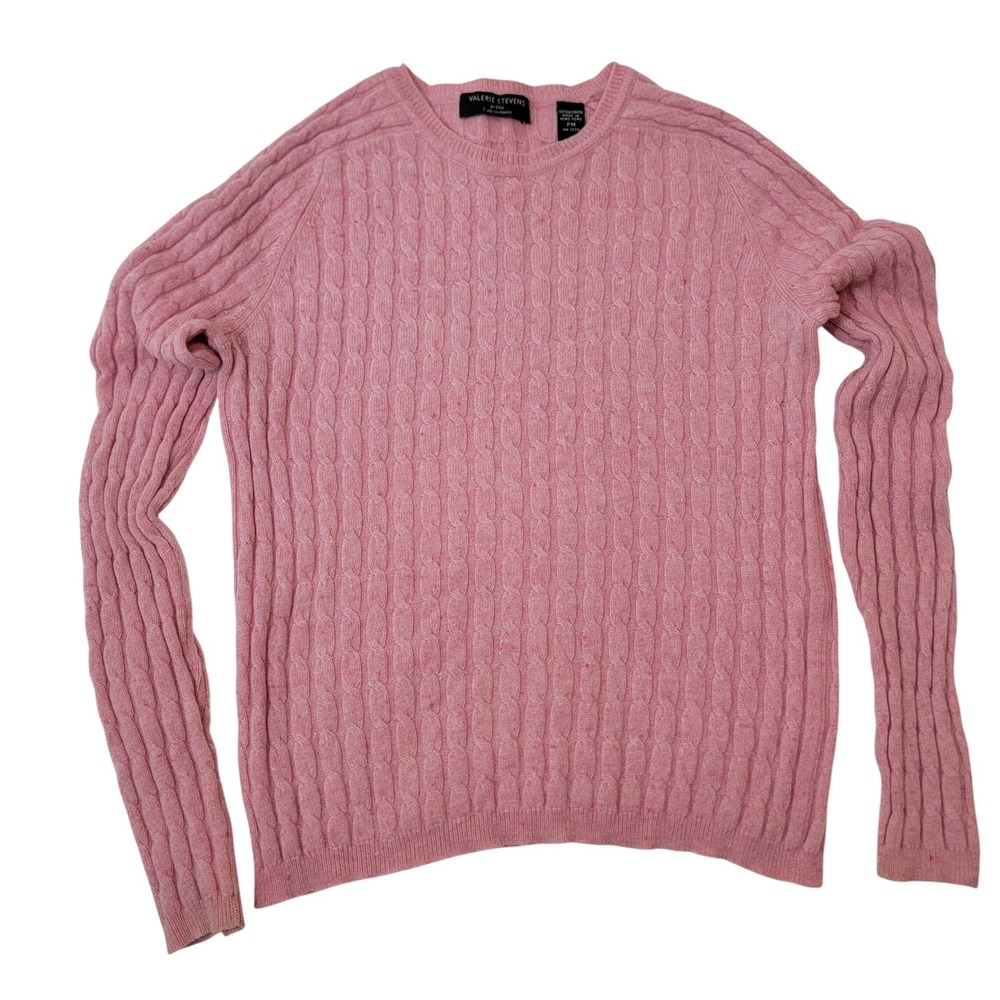 Valerie Stevens Petite Pink 100% Cashmere 2 Ply Cable Knit Crew Neck Sweater PS